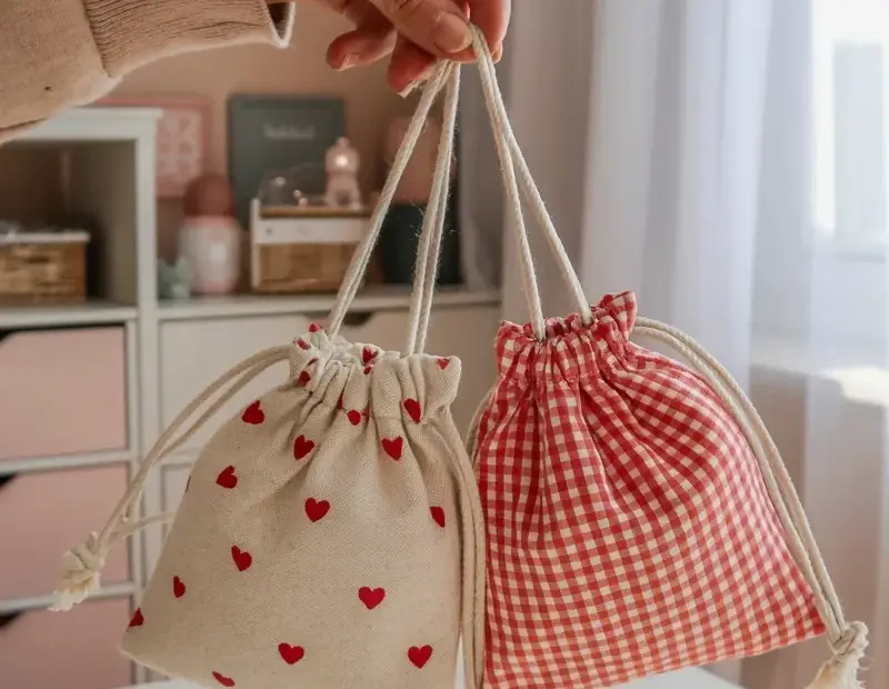 Heart and Gingham Drawstring Pouches for Valentine's Gifts