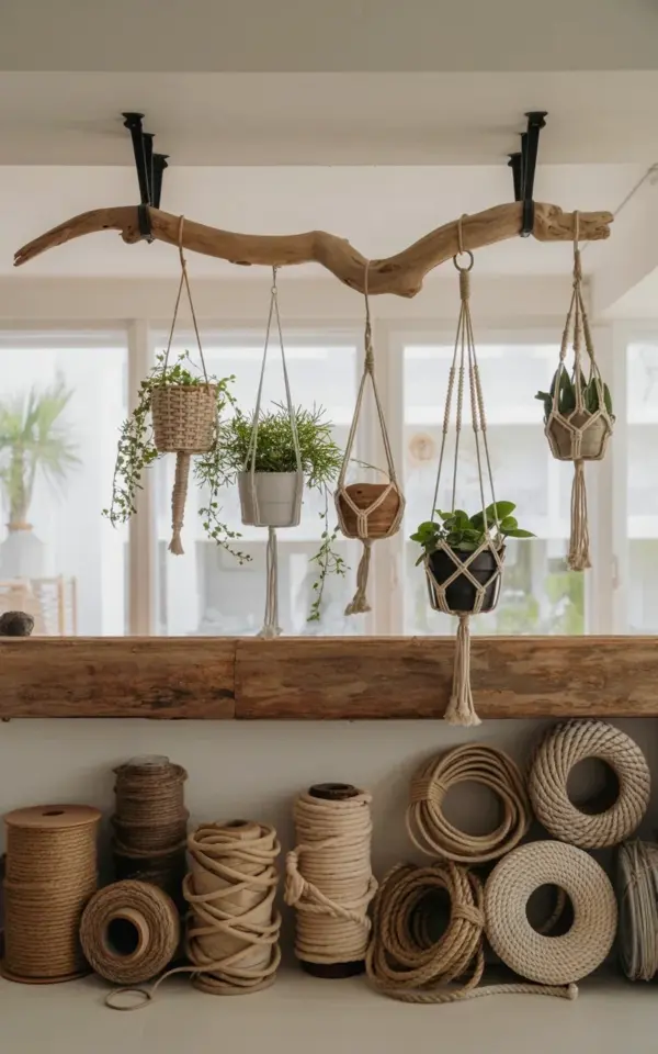 Rustic Driftwood Wall Decor with Macrame Plant Hangers | Budget Farmhouse DIY