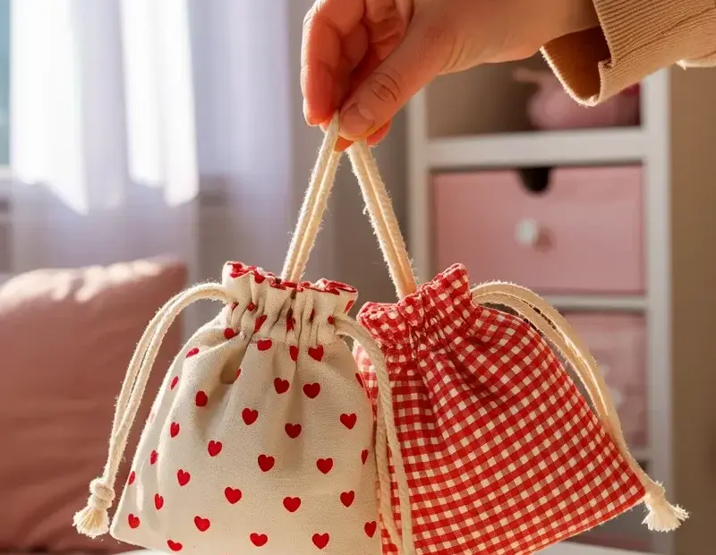 Drawstring Pouches with Cream Hearts and Red Gingham - Small Fabric Bags