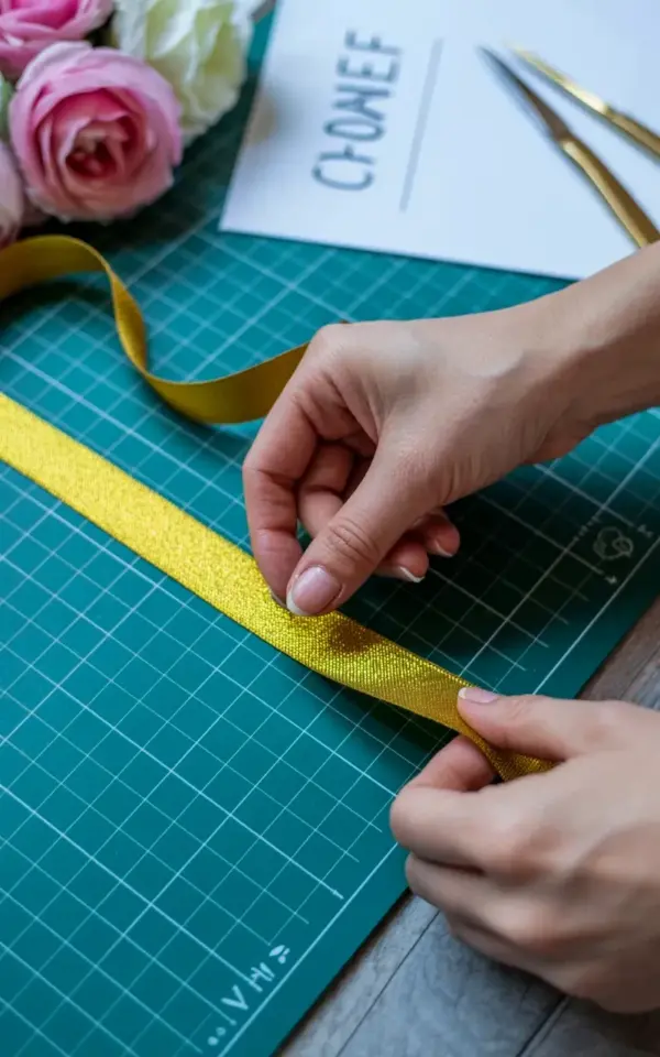 Budget Ribbon Crafts: DIY Yellow Metallic Ribbon Bow on Cutting Mat