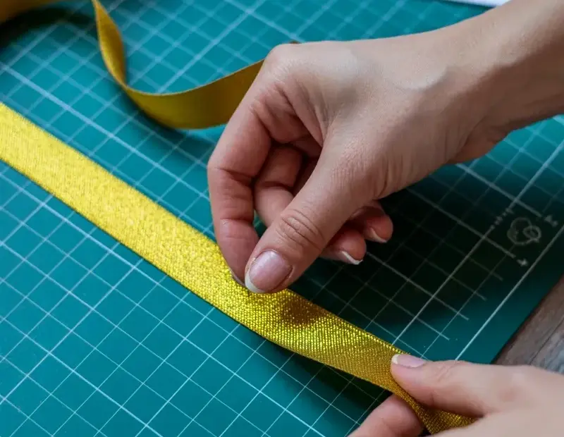 Budget Ribbon Crafts: DIY Yellow Metallic Ribbon Bow on Cutting Mat