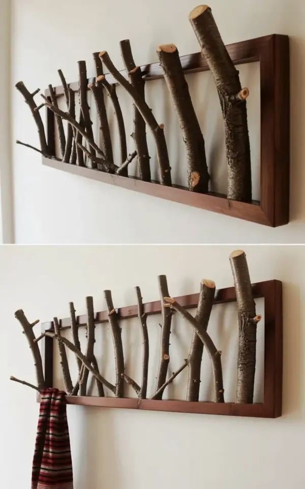 Rustic Wall-Mounted Coat Rack with Natural Tree Branches | Wooden Entryway Organizer