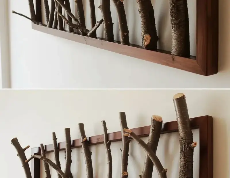 Rustic Wall-Mounted Coat Rack with Natural Tree Branches | Wooden Entryway Organizer