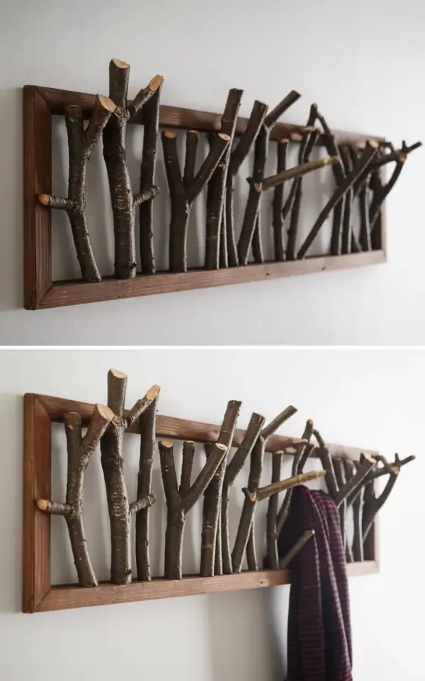 Tree Branch Coat Rack with Dark Wood Frame | Rustic Entryway Hook Organizer
