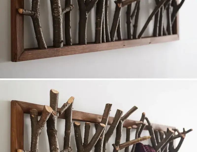 Tree Branch Coat Rack with Dark Wood Frame | Rustic Entryway Hook Organizer
